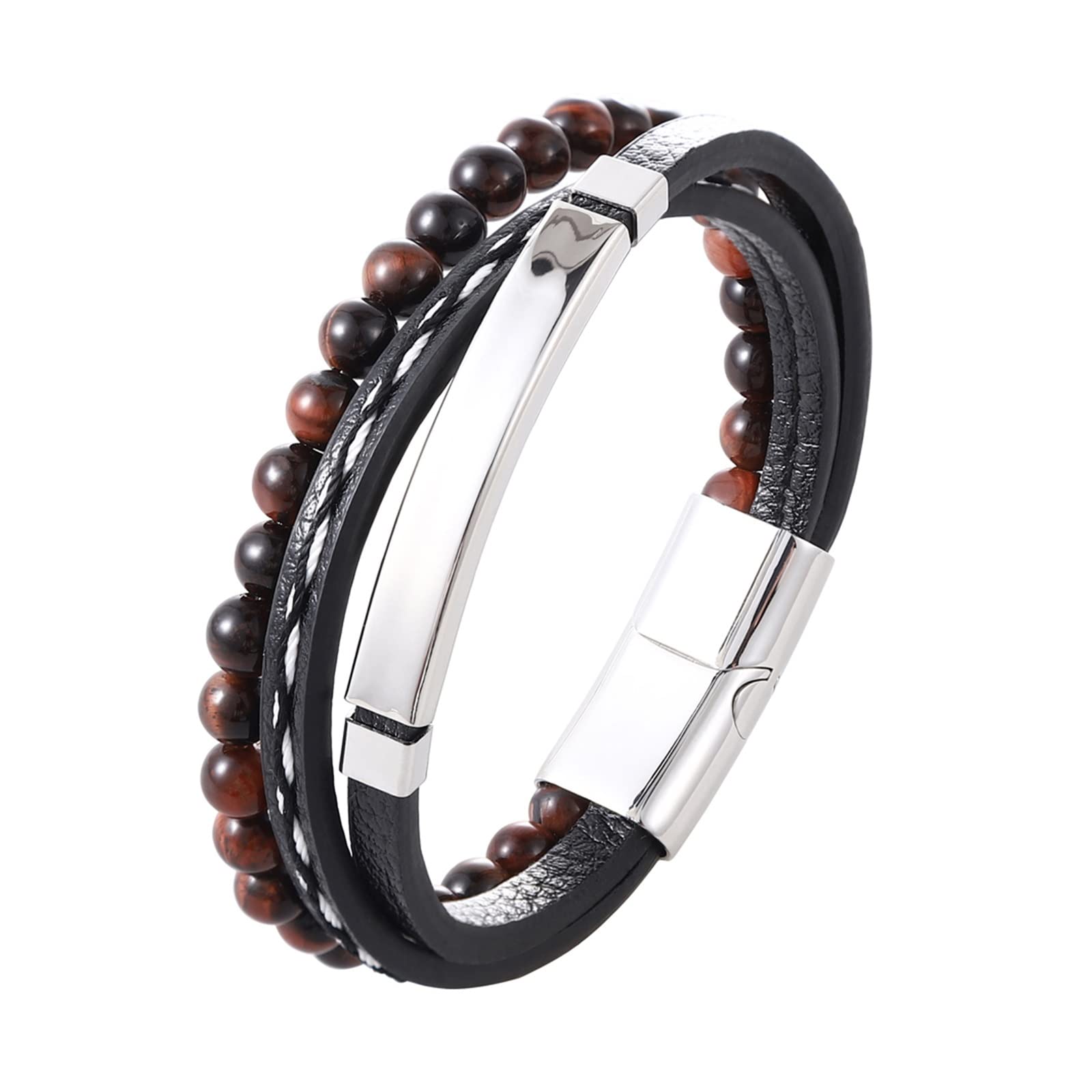 HLTYGWX Pulsera de Cuero grabada para Hombre, Cuentas de Piedra de Ojo de Tigre Amarillo, Regalos de joyería para Novio y Novia