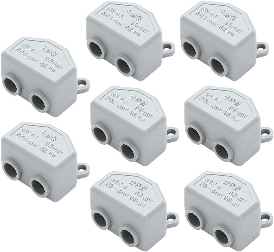 Quick Terminal Block 60A 400V High Splitter Conductor Brass T-Type 1-6mm² Cable Electrical Wire Connector Grey 8 Pack
