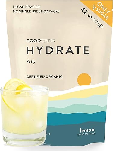 GOODONYA HYDRATE Electrolito y polvo mineral, 11.9 onzas, 42 porciones, certificado orgánico, jugo de limón real, sal rosa del Himalaya, stevia,