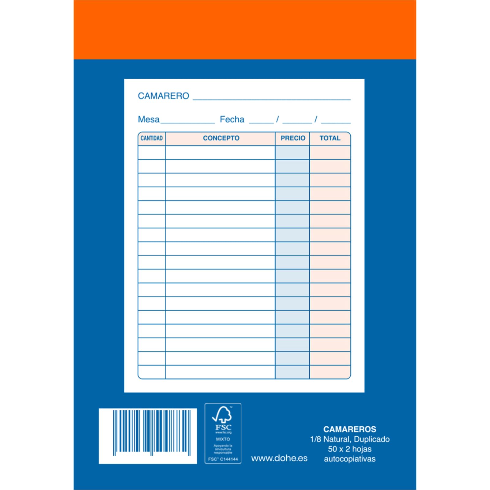 Dohe - Talonarios Camareros (10 uds.) - 50 Hojas Duplicadas (50 Hojas con 1 Copia), Tamaño A6 11x15 cm, Blocs Comanderos Hostelería, Restaurantes, Bares, Material de Oficina
