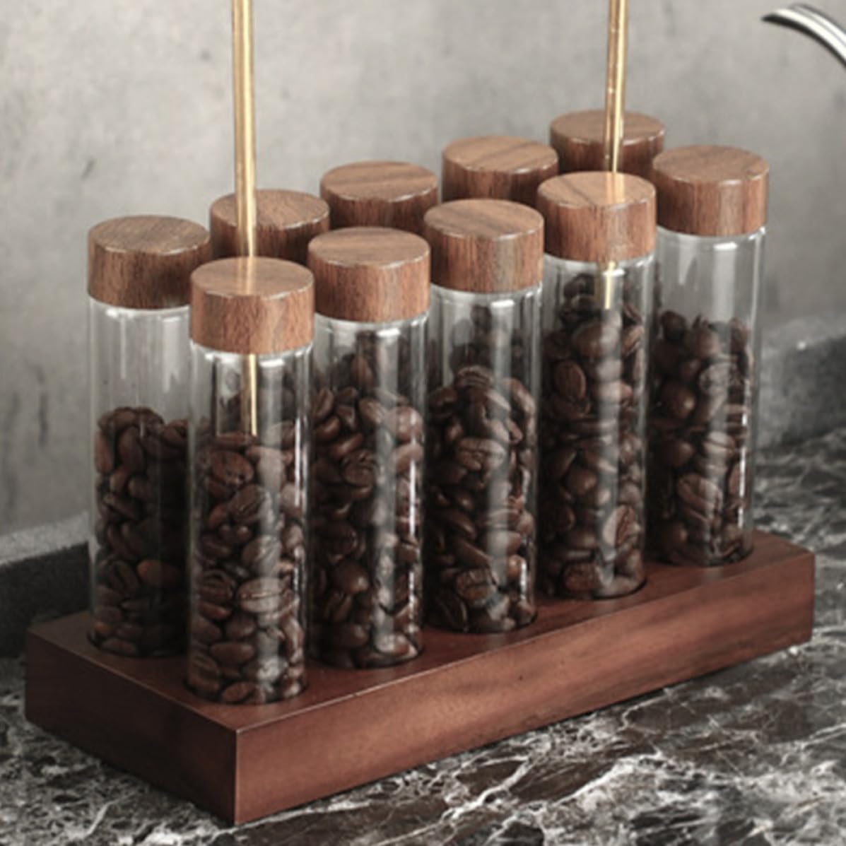 CANIGHT Kaffeebohnen Aufbewahrungsröhrchen Glas Satz mit Holzständer Luftdicht für Kaffeezubereitung und Küchenregal