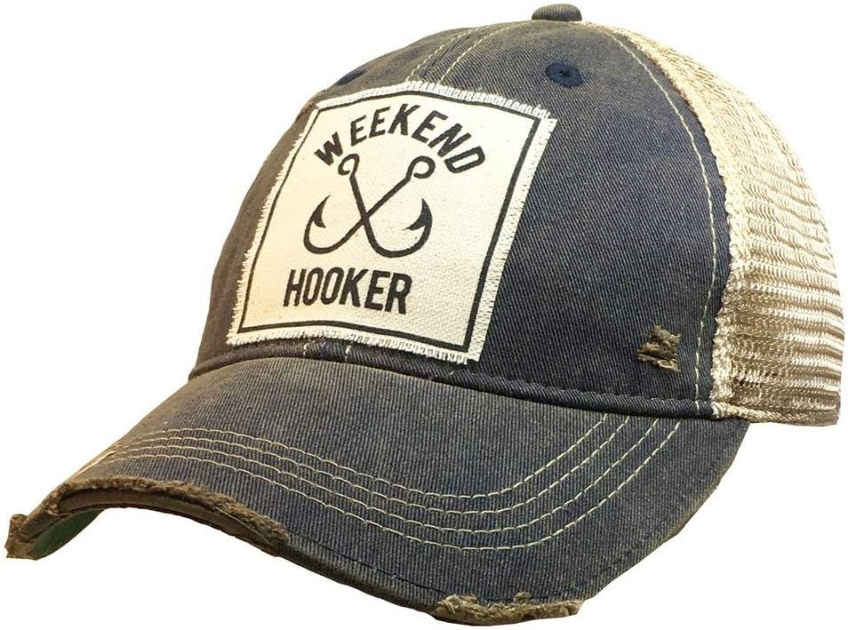 VINTAGE LIFE Distressed Baseball Caps Funny Trucker Hats with Sayings, Unisex (Weekend Hooker (Navy Blue))