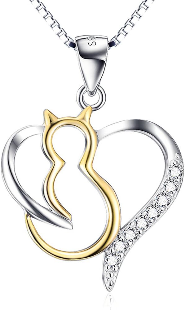 Cat Necklace 925 Sterling Silver Jewelry Cubic Zirconia Heart Charm Necklace For Women