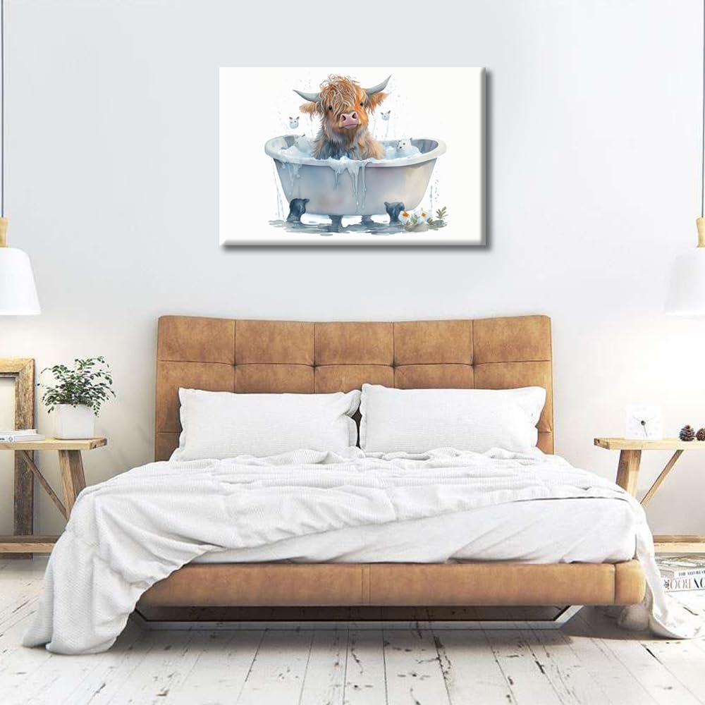 TISHIRON 1 Panels Office Decor Highland Cow Bathroom Wall Art Longhorn Cow Bathtub Wall Decor Bathtub Animal Highland Cattle Wall Decor for Bedroom Posters & Prints Framed Ready to Hang (16" Wx24 H) - Image 4