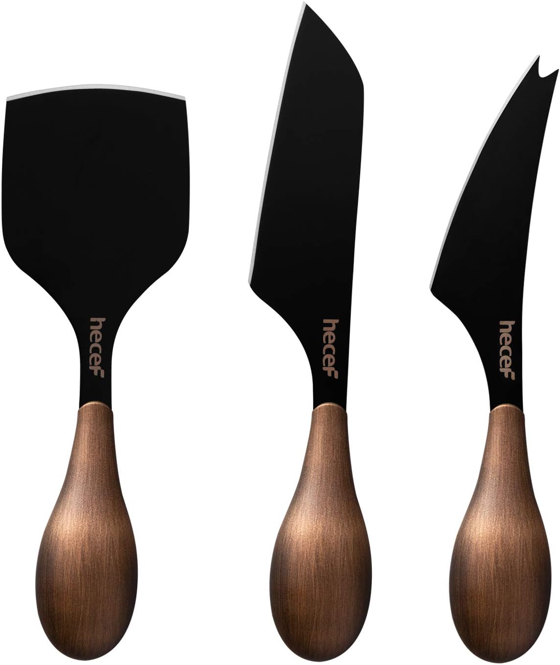 hecef 3-Piece Cheese Knife Set, Bronze Grain Multipurpose Cheese Knives for Hard, Soft & Semi-Soft Cheese, Includes Pronged, Chisel & Hard Cheese Knife, Black Coating Blade