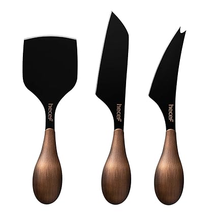 Hecef Cheese Knife Set of 3, Bronze Grain Multipurpose Cheese Knife, Retro Cheese Knife, Set includes Pronged Knife, Hard Cheese Knife & Chisel Knife, Black, Excellent Gift, with Gift Box