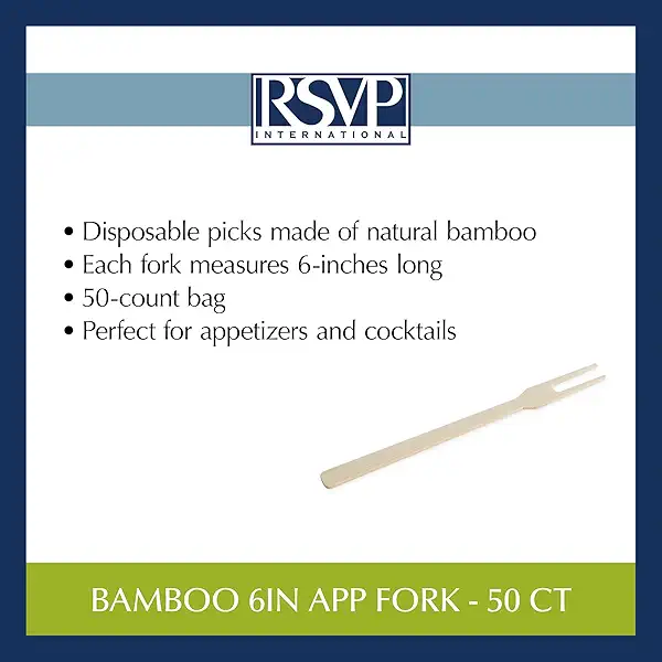 RSVP International Compostable Bamboo Serving & Cocktail Picks, Appetizer Fork, 50-Count, 6" 9
