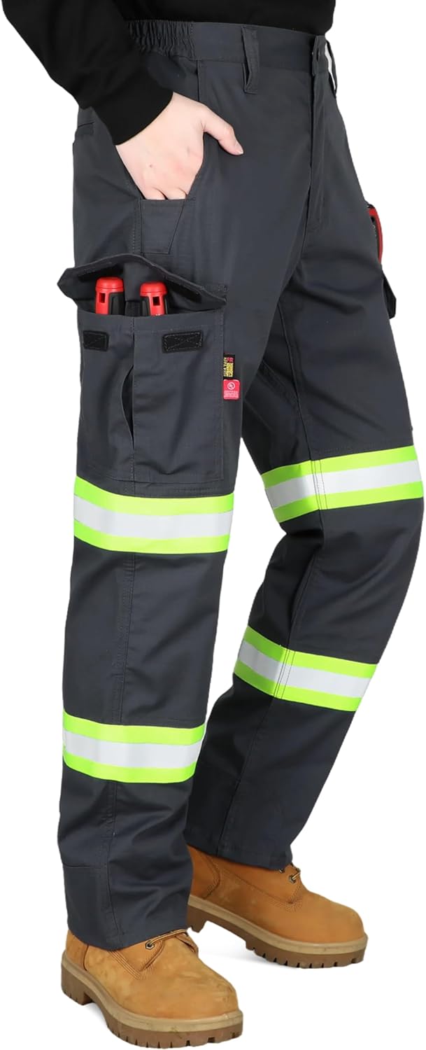 BOCOMAL Men's FR Pants Reflective High Visibility Cargo Pockets Relaxed Fit 7oz Lightweight Ripstop Flame Resistant Work Pant