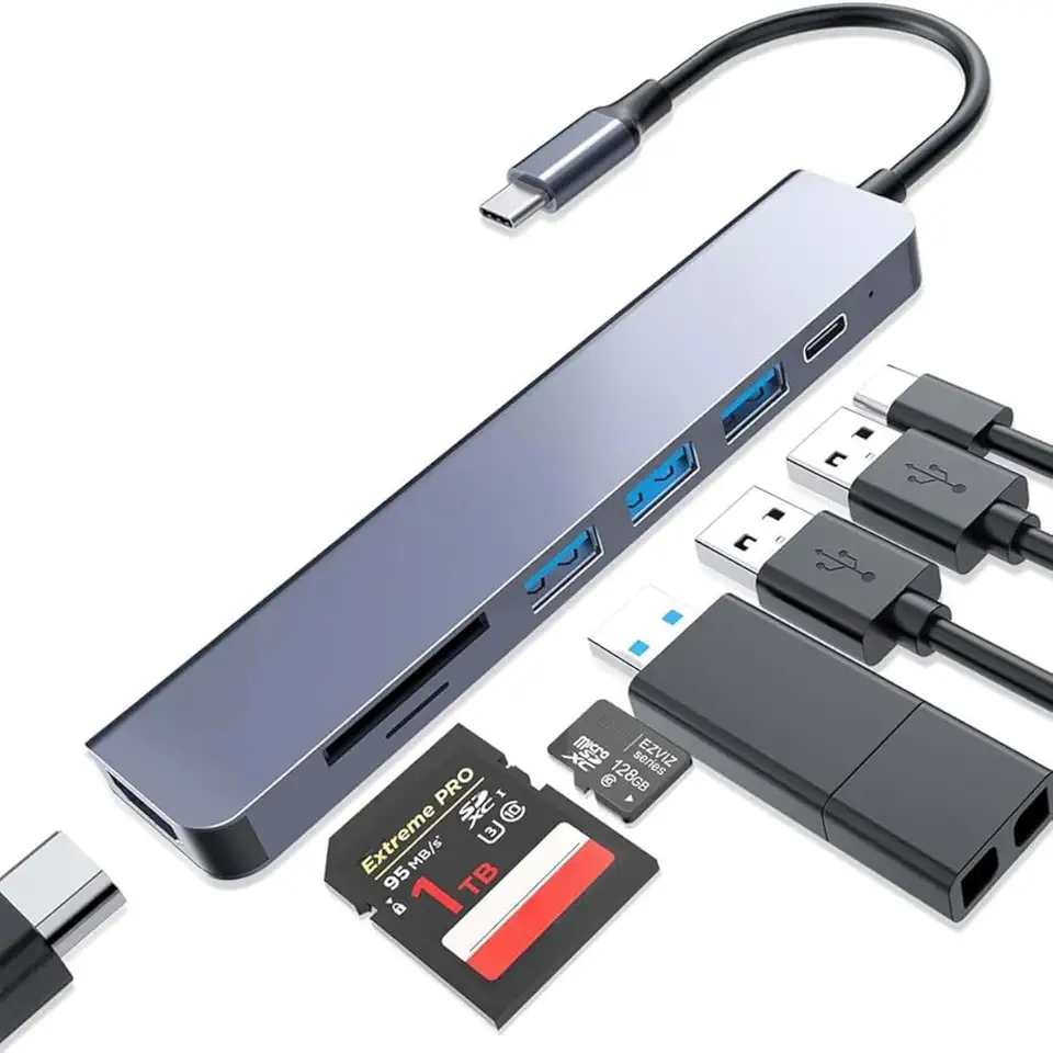 Adaptador Hub USB-C 7 em 1 com HDMI 4K, USB 3.0, Leitor SD/TF e Power Delivery 100W, Compatível com Samsung DeX, Notebook, PC, Mac, iOS e Celular Tipo C