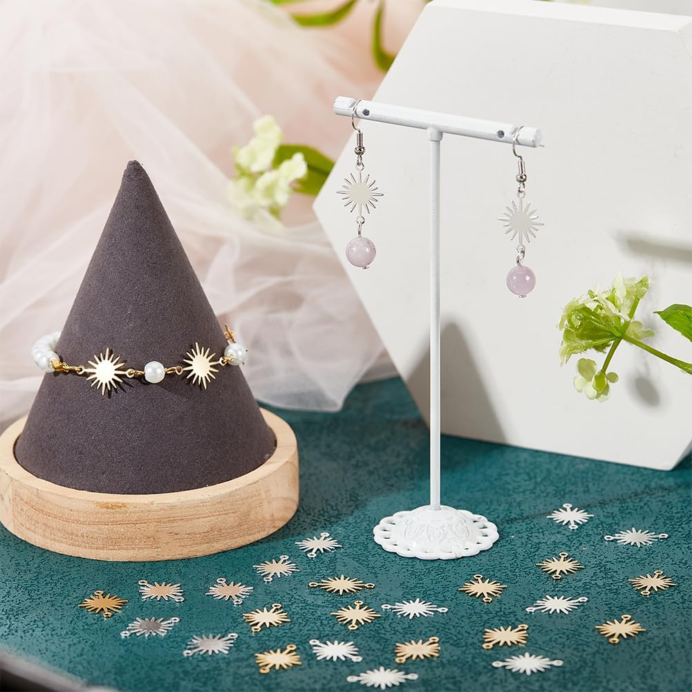 BENECREAT 60Pcs 2 Colors Real 24K Gold & 925 Sterling Silver Plated Brass Link Charms, Sun Connectors with Double Hole for Bracelet, Necklace and DIY Jewelry Making - Image 5