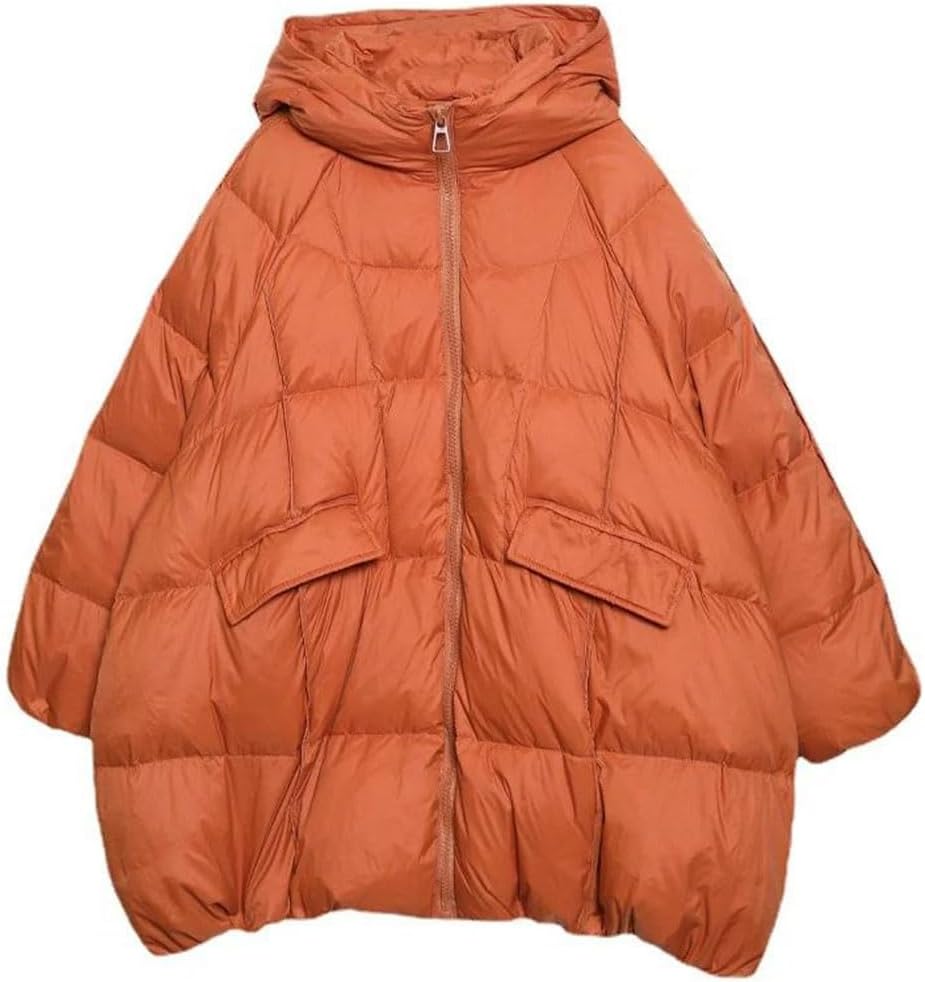 Women’s White Duck Down Jacket Hooded Loose Fit Thick Warm Winter Outwear