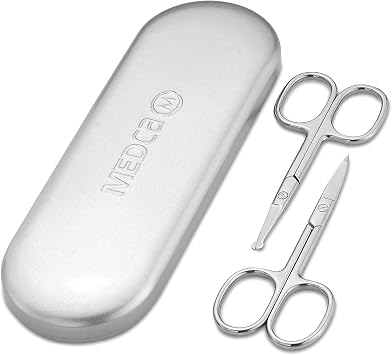 Stainless Steel Grooming Scissors - Eyebrow Scissor, Beard & Mustache Trimming Set, Small Curved & Rounded Tip Facial Hair Trimmer Kit for A Much Safer Ear, Nose Hair Clipper for Men & Travel Case