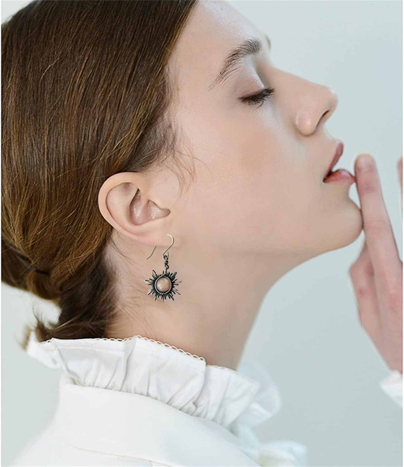 Unique Boho Vintage Asymmetry Opal Sun and Moon Drop Dangle Earrings Moonstone Natural Stone Hook Bohemian for Women Asymmetrical Antiqued Silver Celestial Jewelry - Image 5