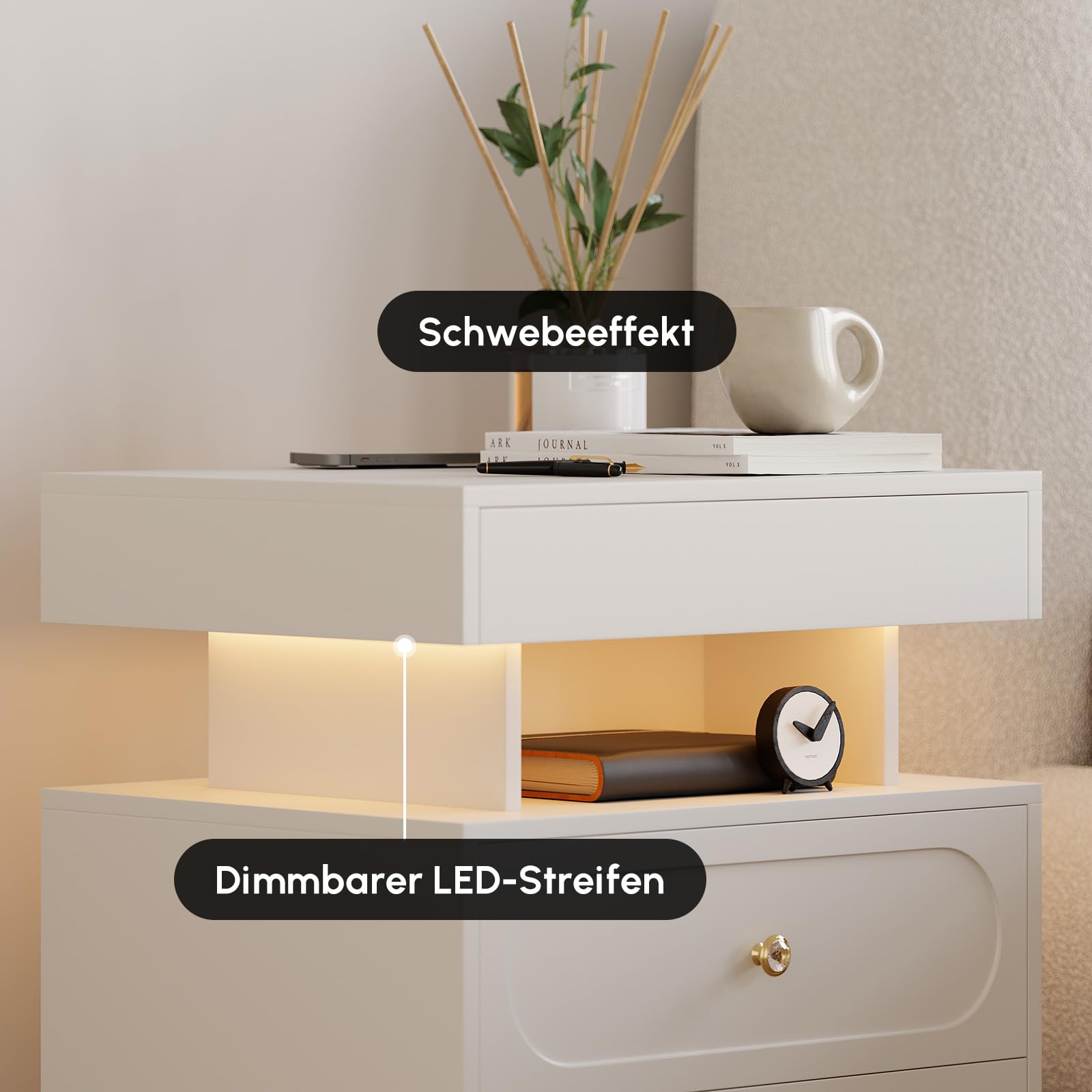 Homary Schwebender Nachttisch mit LED & Ladefunktion – Moderner Nachtschrank mit 3 Schubladen, USB, Typ-C und Steckdosen für Schlafzimmer, Weiß