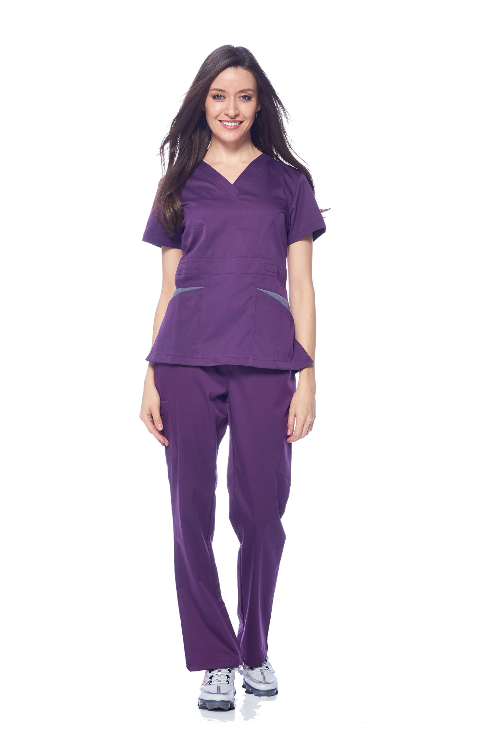 Dagacci Medical Uniform Women's Eggplant Scrubs Set Stretch Ultra Soft Contrast Pocket, Xxs