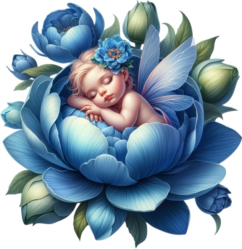 x4 Blue Sleeping Baby Fairy in a Flower Vinyl Stickers Non Transparent Elegant Fairies Art Decals 1@ 20cm for Toilet/Laptop and 3@ 7cm for Phone case Cups etc Cover Marks (Baby Blue)