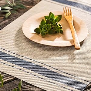 Restaurantware French Countryside 16 x 12 Inch Dining Table Placemats Set Of 6 Heat-Tolerant Kitchen Table Mats - Navy Stripe No Stain Khaki Vinyl Woven Rectangle Placemats Easy To Clean Restaurantware French Countryside 16 x 12 Inch Dining Table Placemats Set Of 6 Heat Tolerant Kitchen Table Mats Navy Stripe No Stain Khaki Vinyl Woven Rectangle Placemats Easy To Clean