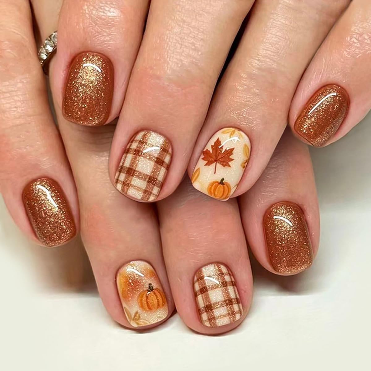 Fall Press on Nails Short Square Fake Nails Cute Black False Nails with Pumpkin Leopard Print Designs Glossy Glue on Nail Full Cover Autumn Reusable Acrylic Nail for Women Girls Manicure 24Pcs