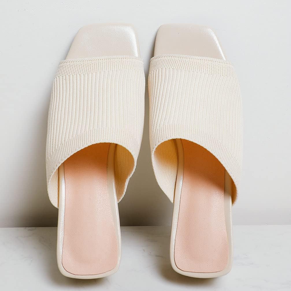 Amazon.com | KOKOMOMO Womens Mesh Stretch Knit Square Toe Mules Chunky  Heeled Slide Sandals,Size 4 Beige | Mules u0026 Clogs