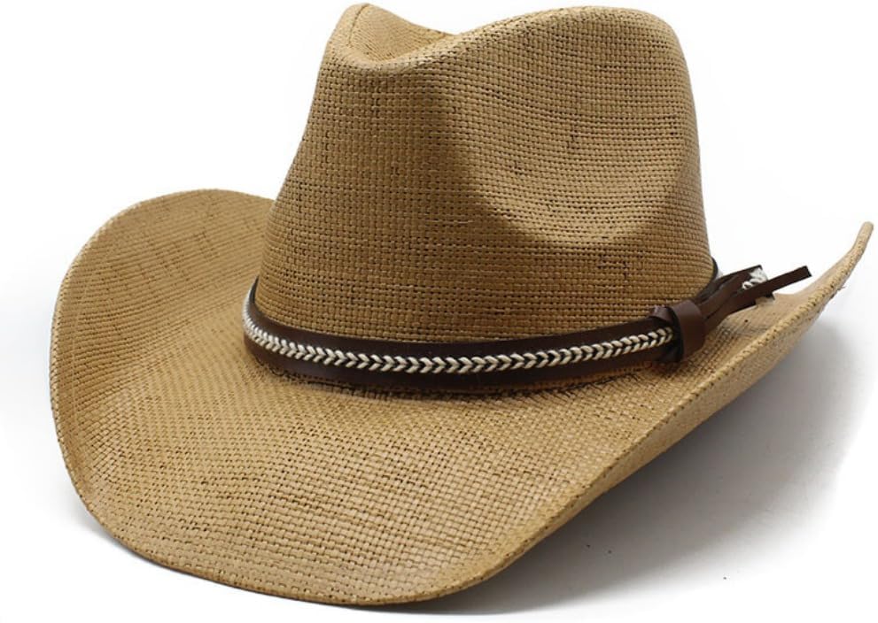 Western Cowboy Hat with Braided Leather Band, Natural Straw, Wide Brim