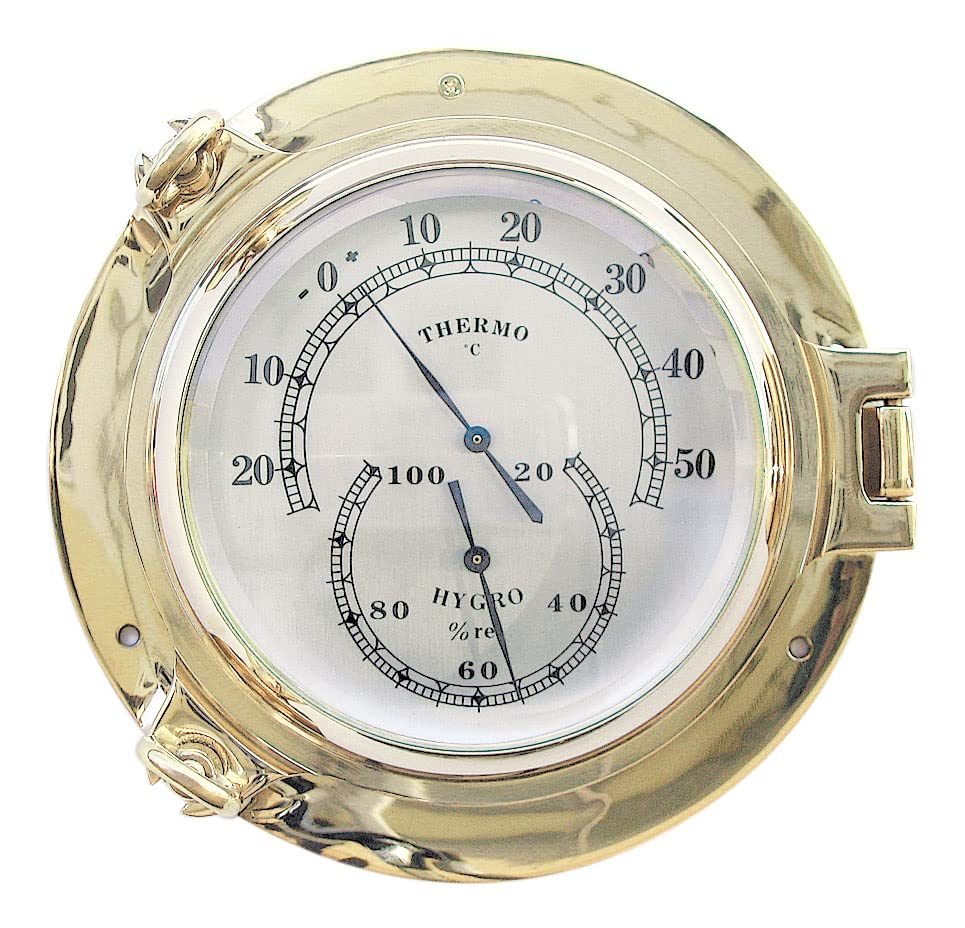 Nautical Thermometer and Hygrometer in Porthole Brass, Diameter: 14 cm