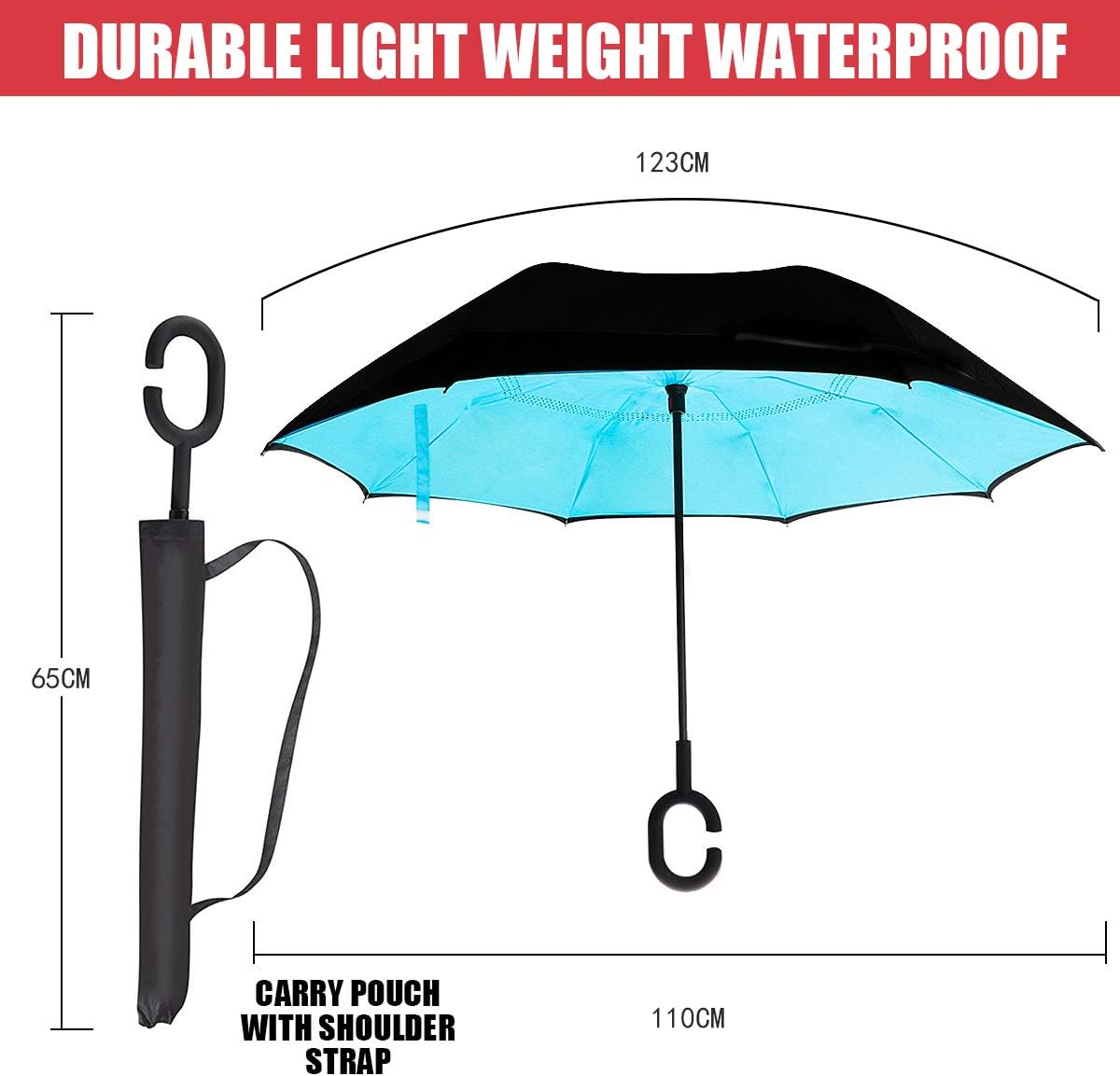 Monstleo Inverted Umbrella,Double Layer Reverse Umbrella for Car and Outdoor Use by, Windproof UV Protection Big Straight Umbrella with C-Shaped Handle and Carrying Bag (blue)