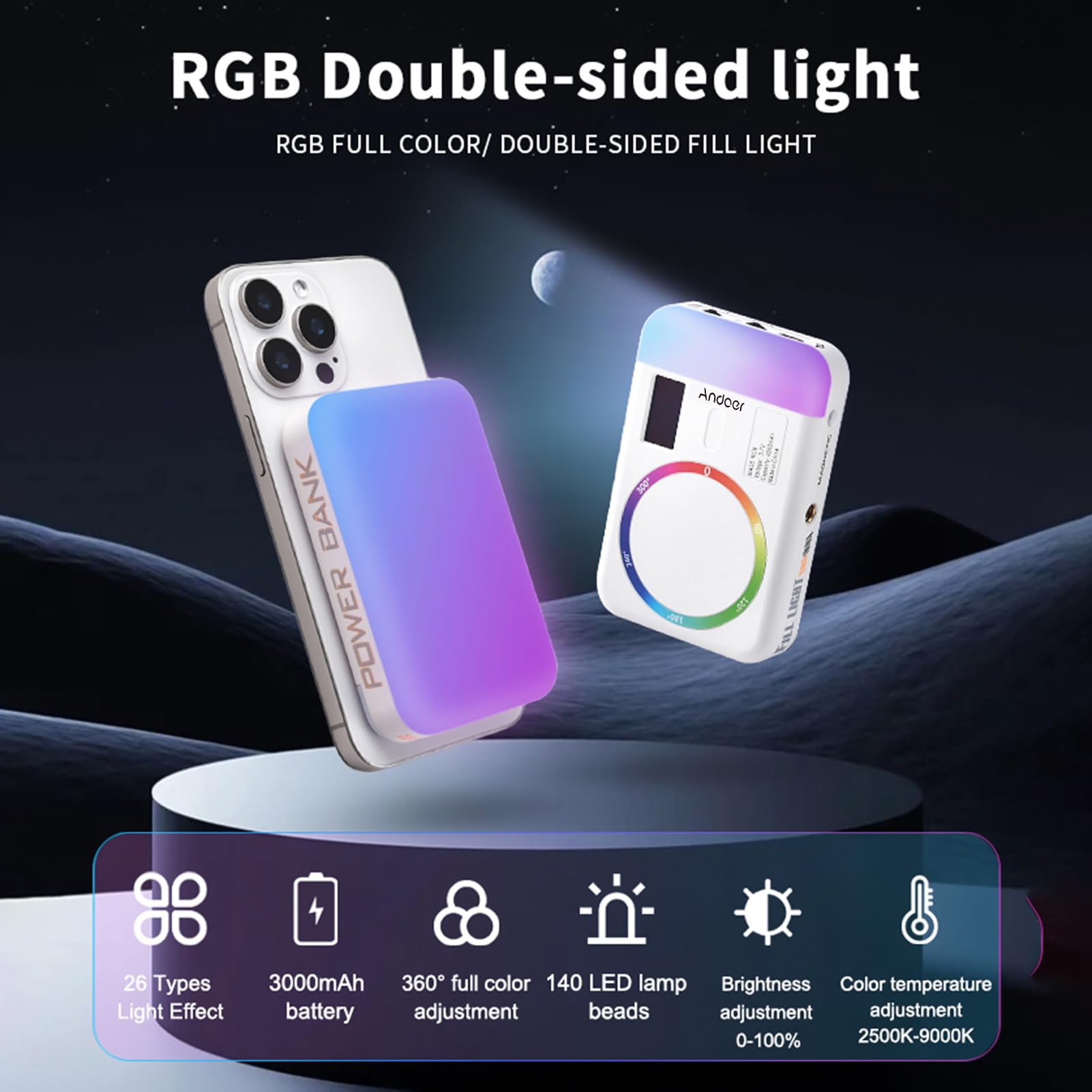 Andoer CC5 lampa wideo RGB, lampa wideo LED 2500 K – 9000 K, dwustronne światło fotograficzne, ściemniane światło do telefonów z aparatem, 26 efektów scenerii, wbudowany akumulator z adapterem zimnego