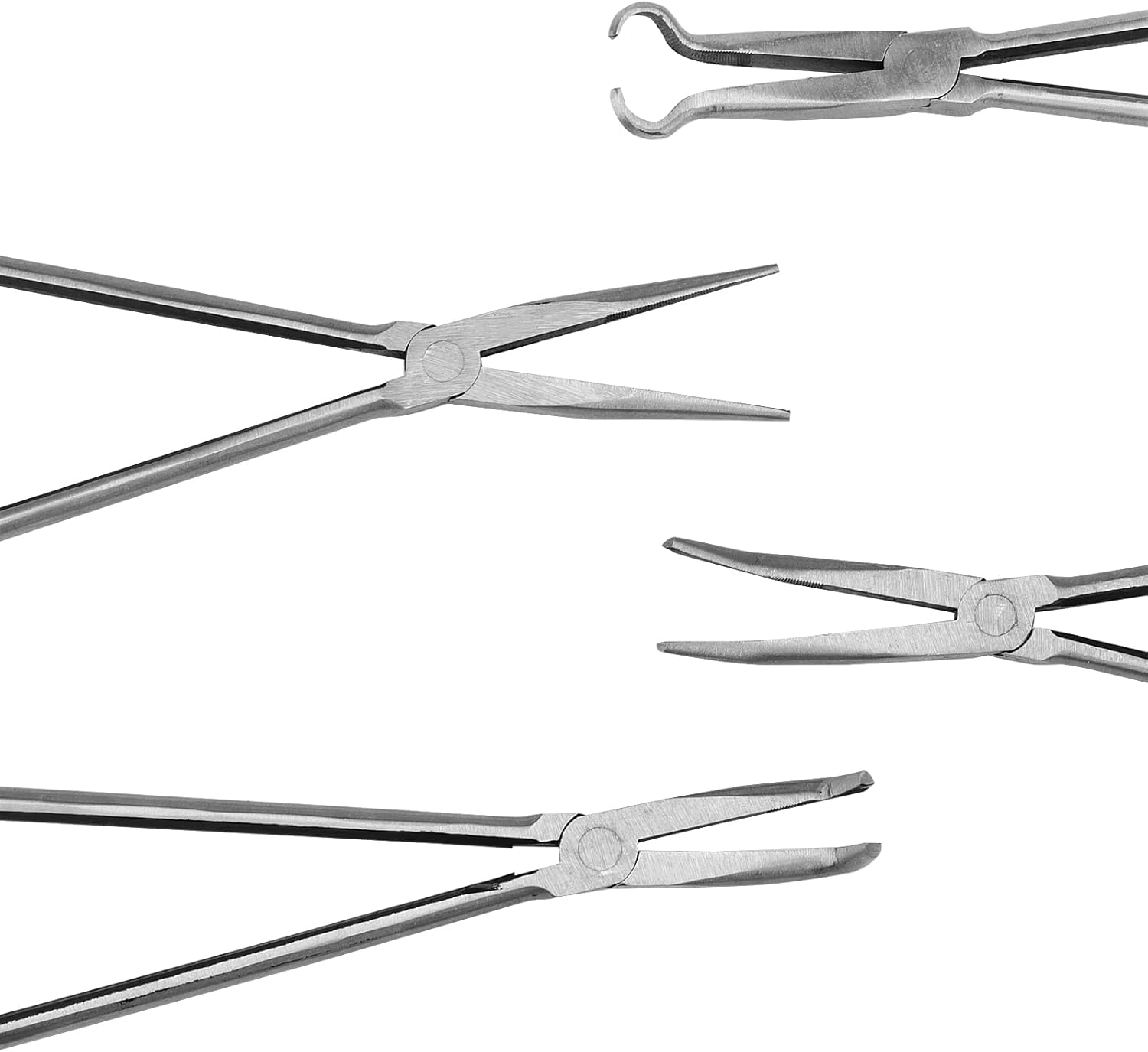 MANCHAP 4 Pieces 16 Inch Extra Long Needle Reach Pliers, Long Needle Nose Pliers Set with Straight, 45 Degree, 90 Degree Angle and Circle Pliers for Tight Space