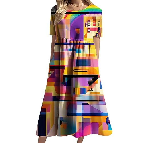 Women's Boho Abstract Geometric Dress Maxi High Waist with Pockets