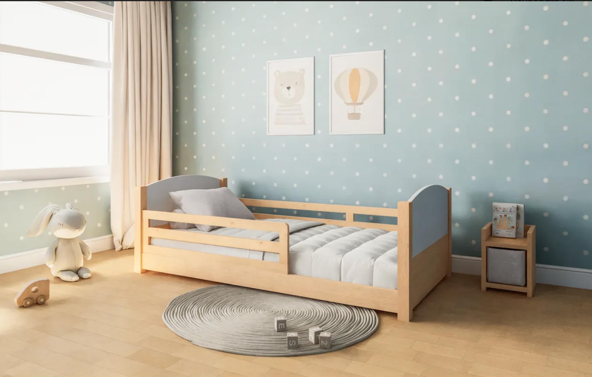 KONTARBOOR Cama Infantil Convertible 3 en 1 Madera – Altura del colchón Ajustable – Barandillas extraíbles – Inteligente y ECONÓMICA – Diseño de Madera Natural 90x190 cm.