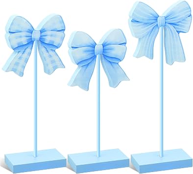3 Pcs Small Blue Bow Wooden Sign Tall Standing Block Coquette Room Decor