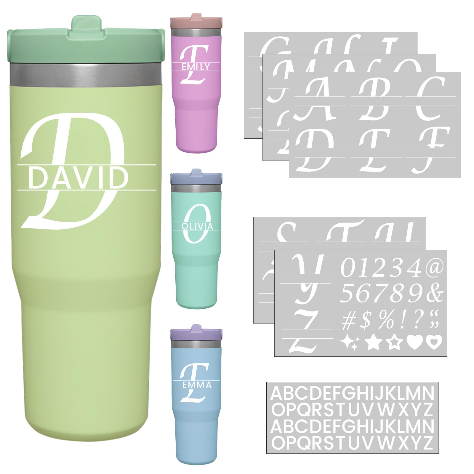AFRITEE Water Bottle Name Stickers - 10 Sheets White Monogram UV DTF Cup Wraps for 16 oz Glass Mugs, Personalized Custom Letter Name Decals for Tumblers Mobile Phones Laptops Suitcase Decal