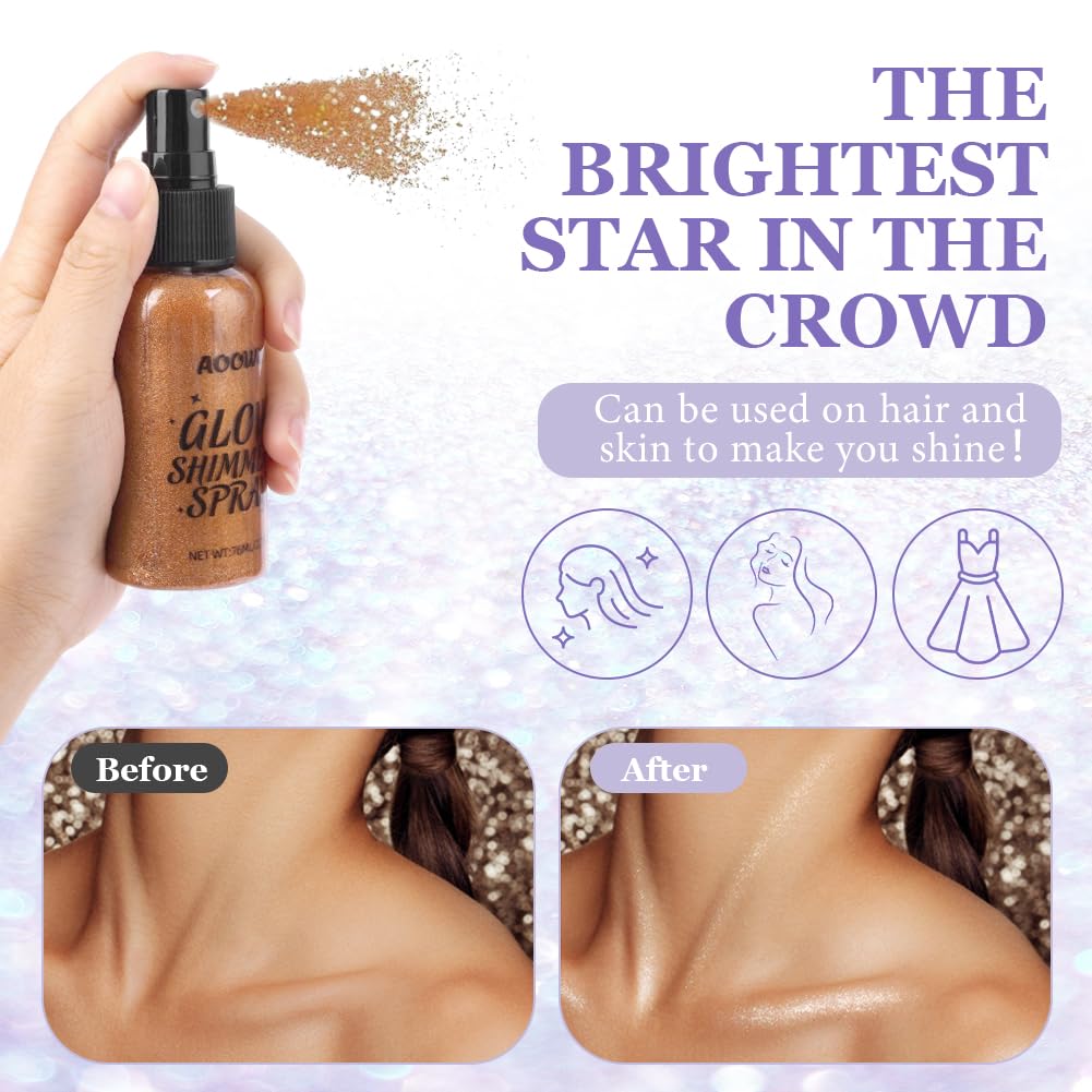AOOWU Brokatowy spray w proszku, brokat do ciała, brokatowy spray, spray rozjaśniający skórę, migoczący puder do twarzy, ciała, włosów, Halloween, ślub, karnawał, impreza, 01