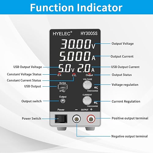 Miniatura 2 de Fuente de alimentación CC variable 30V 5A, Hyelec Fuente de alimentación regulada de conmutación ajustable con pantalla LED de 4 dígitos, ajustes
