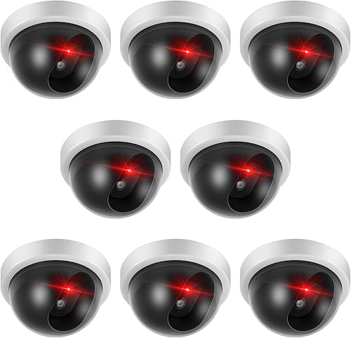 Kanayu Paquete de 8 cámaras falsas para cámara CCTV, cúpula de seguridad falsa con luz LED roja intermitente, vigilancia inalámbrica CCTV para