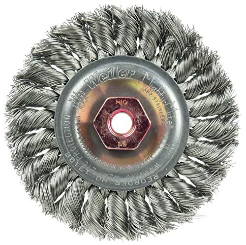 Image of Weiler 13108 Standard Twist Knot Wire Wheel 4 inch, .014 inch Stainless Steel Fill, M10x1.50 Nut (Pack of 5)