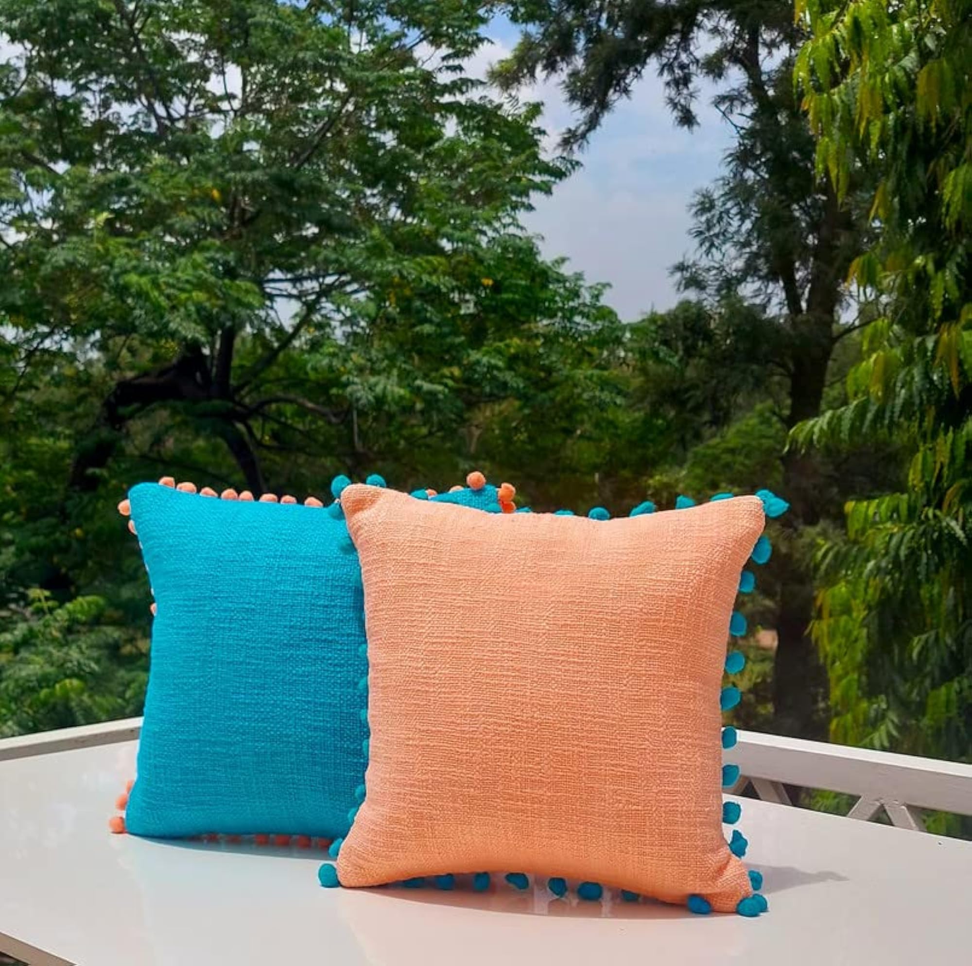 Solid Peach Pom Pom Cushion Cover (18X18)