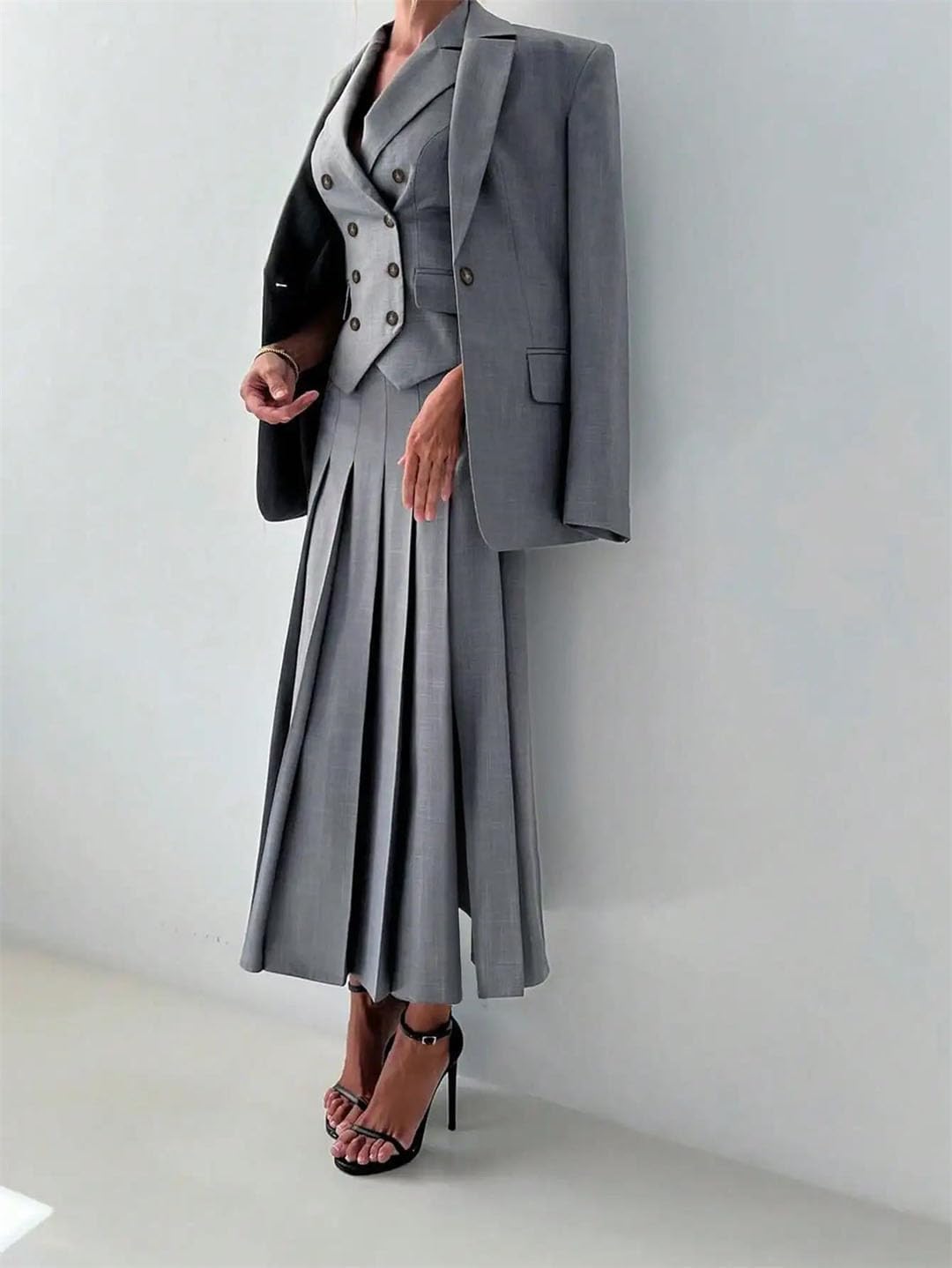 Women Work Business Suit Fitted Vest Pleated Midi Skirt Two-Piece Set
