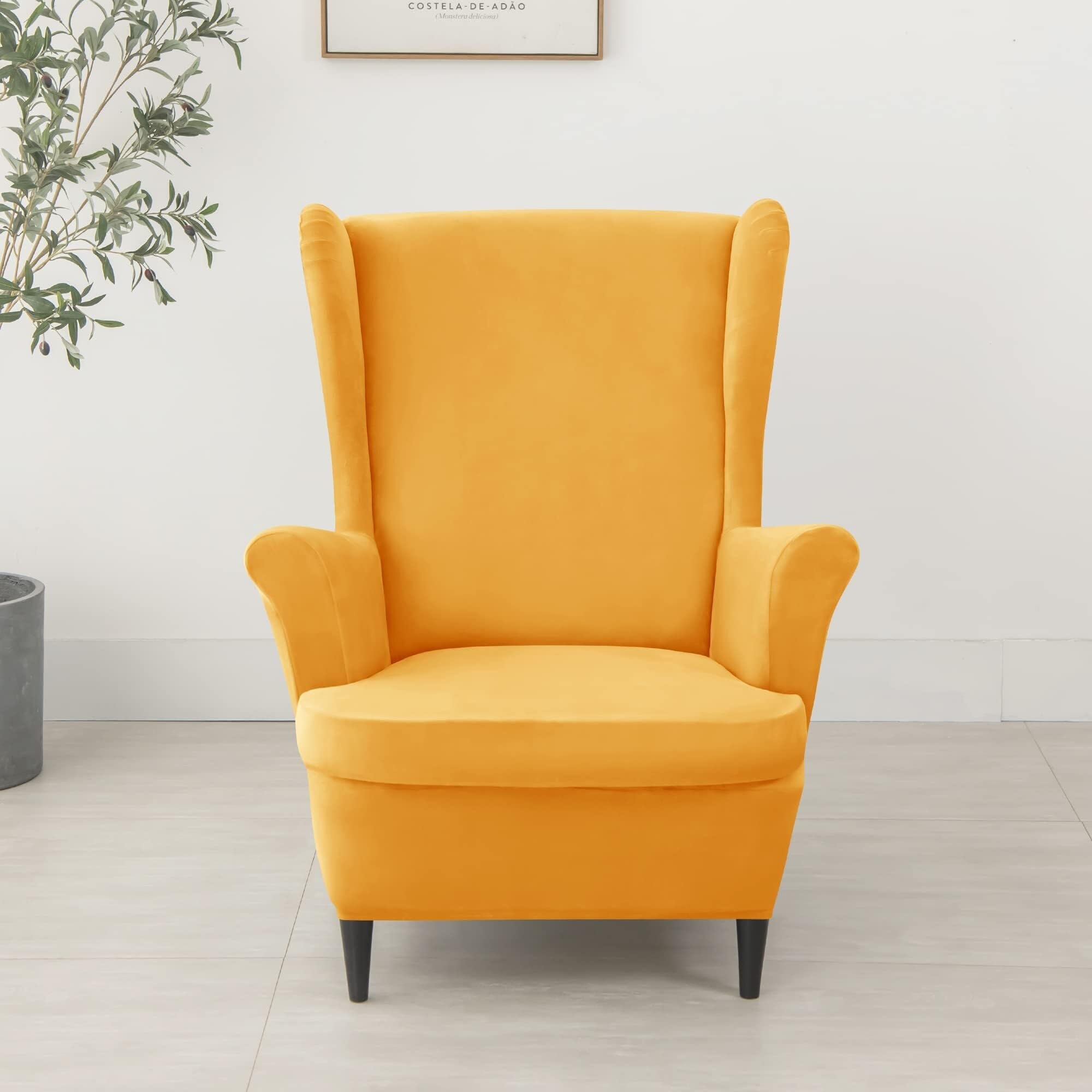 Stretch-Bezüge for Ohrensessel, 2-teilige Schonbezüge for Ohrensessel, Sesselbezüge aus weichem Samt mit elastischer Unterseite for Wohnzimmer und Schlafzimmer(Gold)