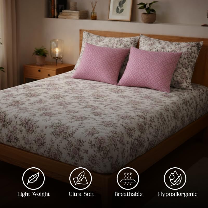 Image of Utopia Bedding Poly Cotton Floral King Size Bedsheet Set with Bedsheet & 2 Pillow Covers, Ultra Soft Cotton(Lilac) 275x275 CM