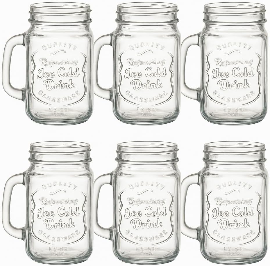 VITTORI Juego de 6 Tarros Frascos estilo Mason Jar Vintage Vidrio Labrado 480 Ml Color Transparente Sin tapa para Bebidas y Jugos