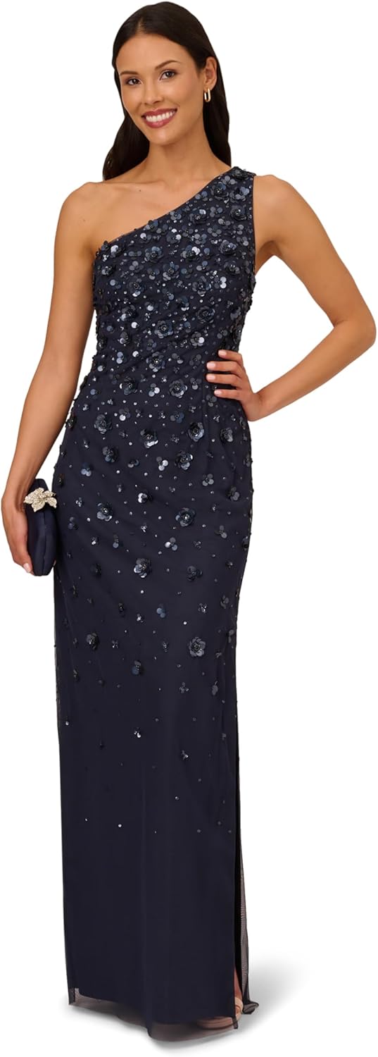 Adrianna Papell Women's One Shoulder Bead Long Dress, Dusty Navy, 12 - Image 4