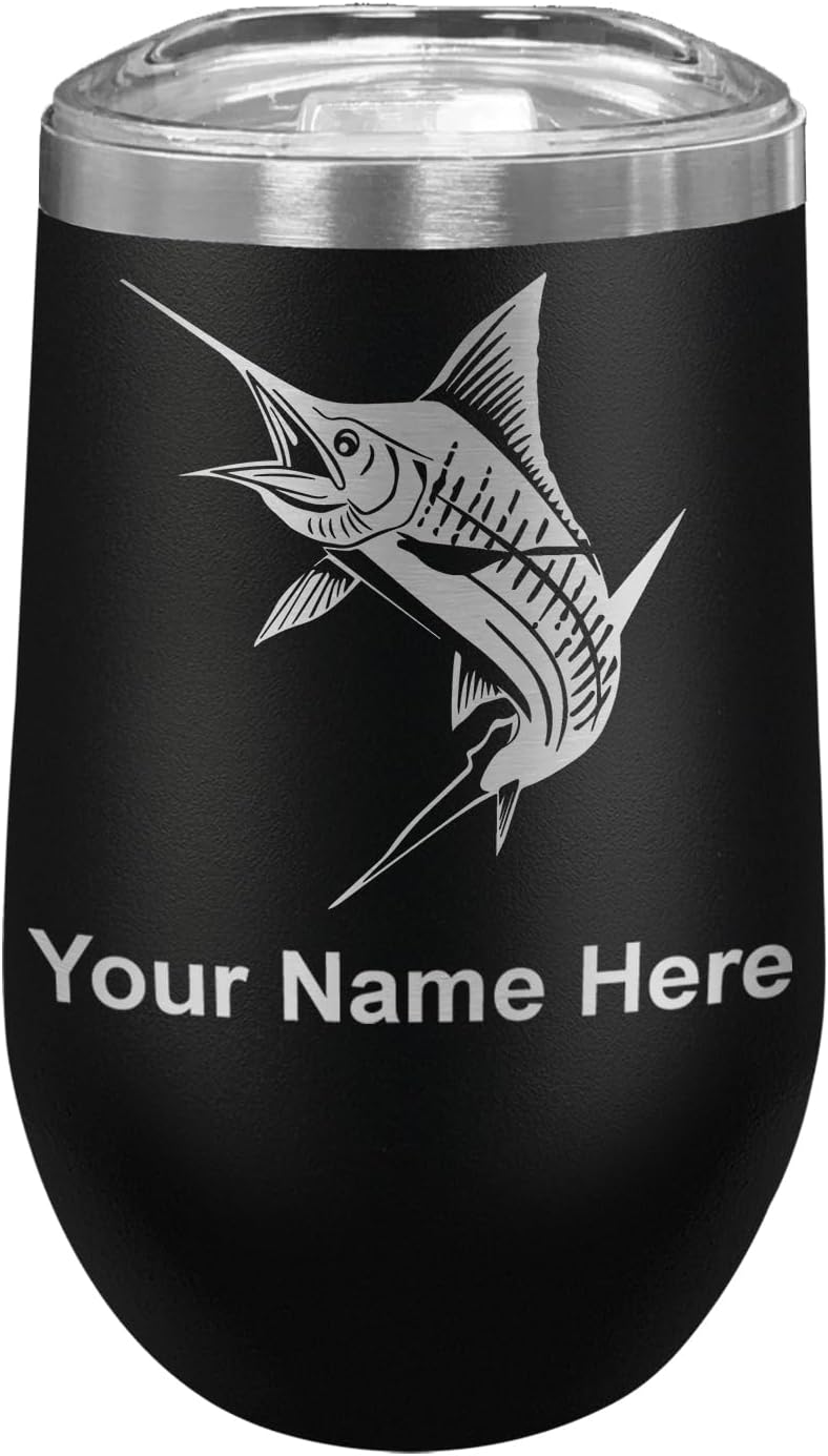 LaserGram 16oz Double Wall Stainless Steel Wine Glass Tumbler, Marlin Fish, Personalized Engraving Included (Black)