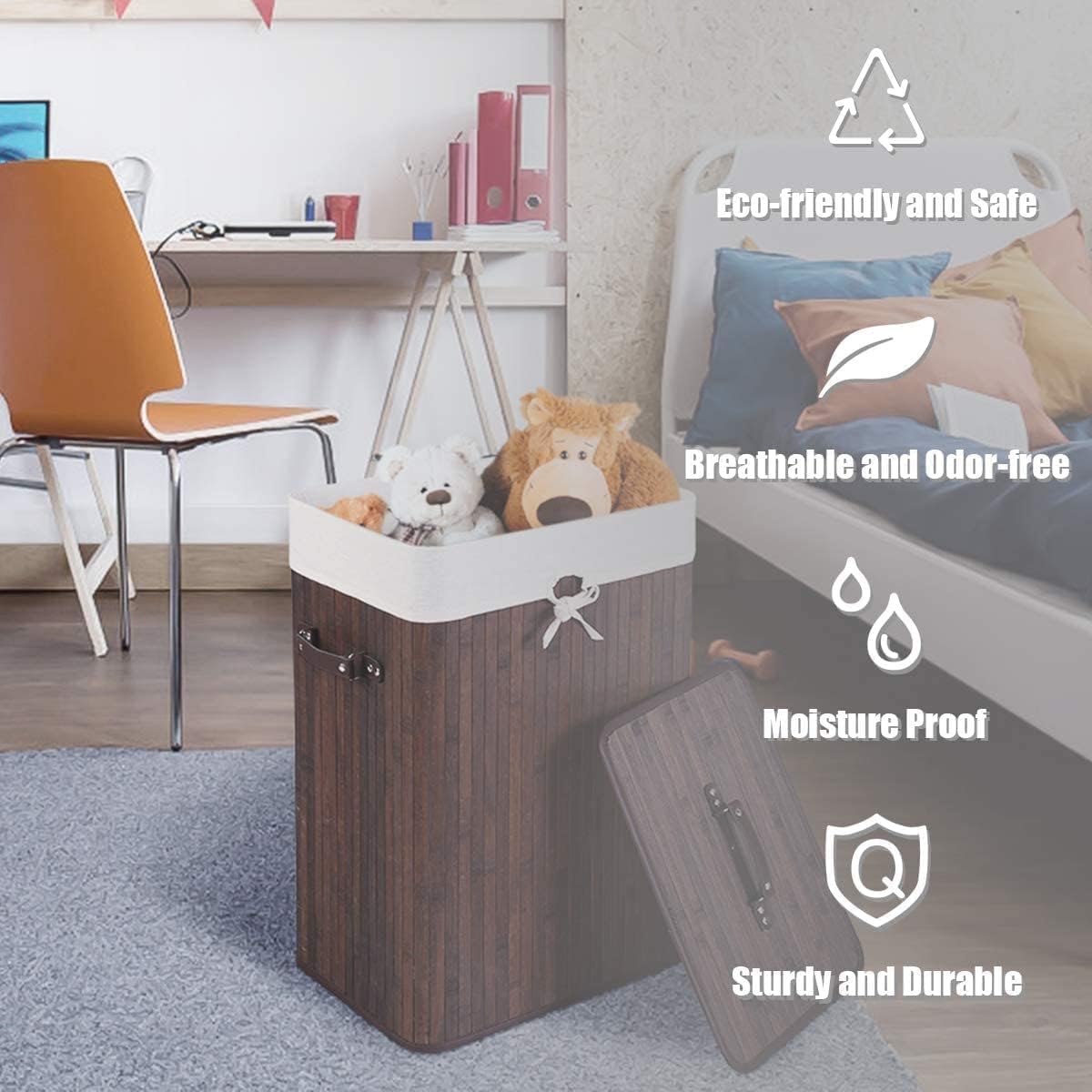 Nightcore Bamboo Laundry Hamper Portable, Collapsible Laundry Hamper with Lid, Clothes Hamper with Removable Liner & Handles, Dirty Clothes Toys Storage Bin for Laundry Room, Bathroom (Brown)