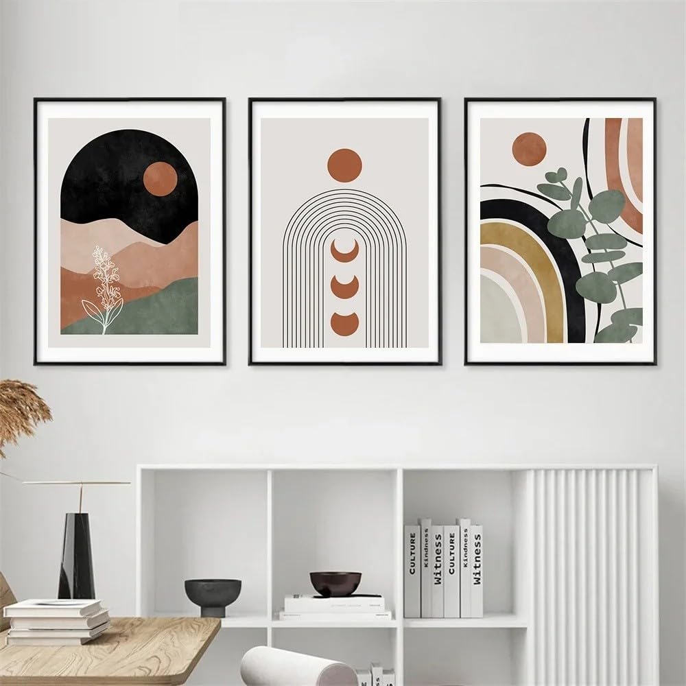 SOBMQ Poster-Modern Boho Abstract Terracotta Sun Canvas Poster Retro Geometry Wall Art Painting Leaf Print Pictures Living Room Bedroom Home Decor-50 * 70cm-3PCS (No Frame)