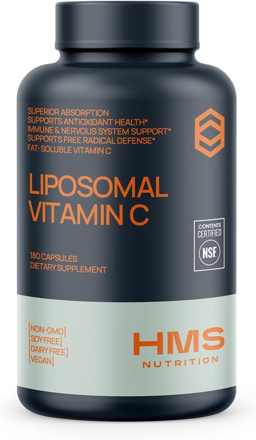 HMS Nutrition Liposomal Vitamin C 1600 mg — Fat‑Soluble, High‑Absorption Liposomal C Capsules for Immune & Skin Support | NSF‑Certified, Non‑GMO, Gluten‑Free | 180 Capsules (90‑Day Supply)