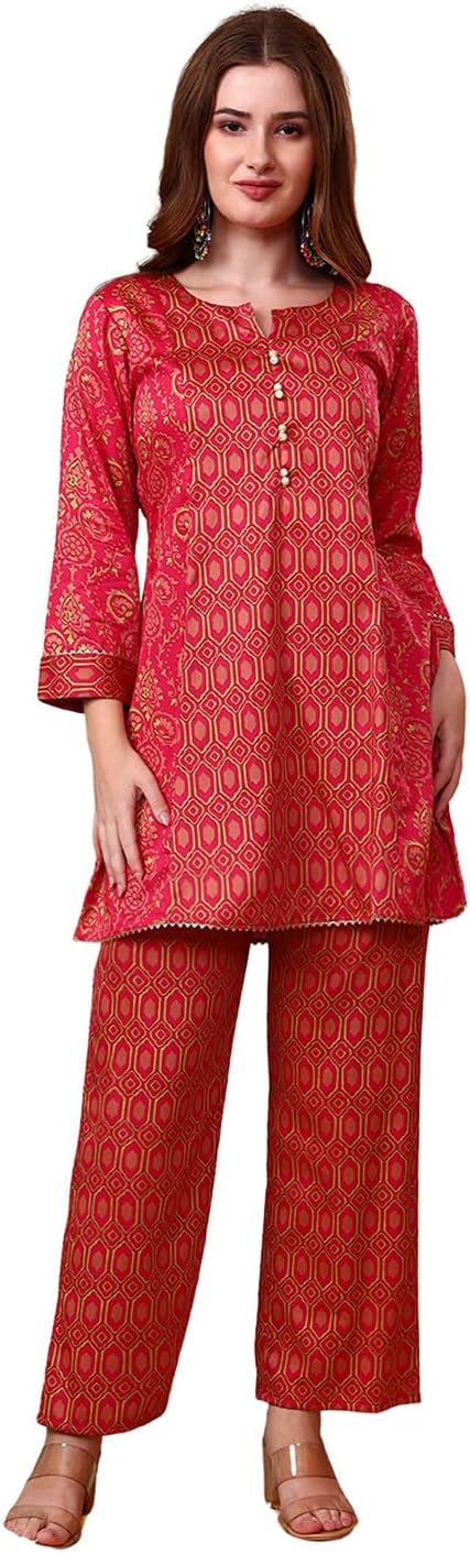 Tissu Women's Cotton Satin Dark Pink Printed Co-ord Set Kurta Set