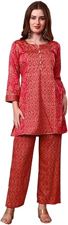 Tissu Womens Cotton Satin Dark Pink Printed Co-ord Set Kurta Set