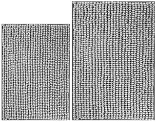 POLYTE Premium Microfibre Shaggy Chenille Bath Mat Non Slip, 51 x 81 cm / 43 x 61 cm , Set of 2 (Gray/White)