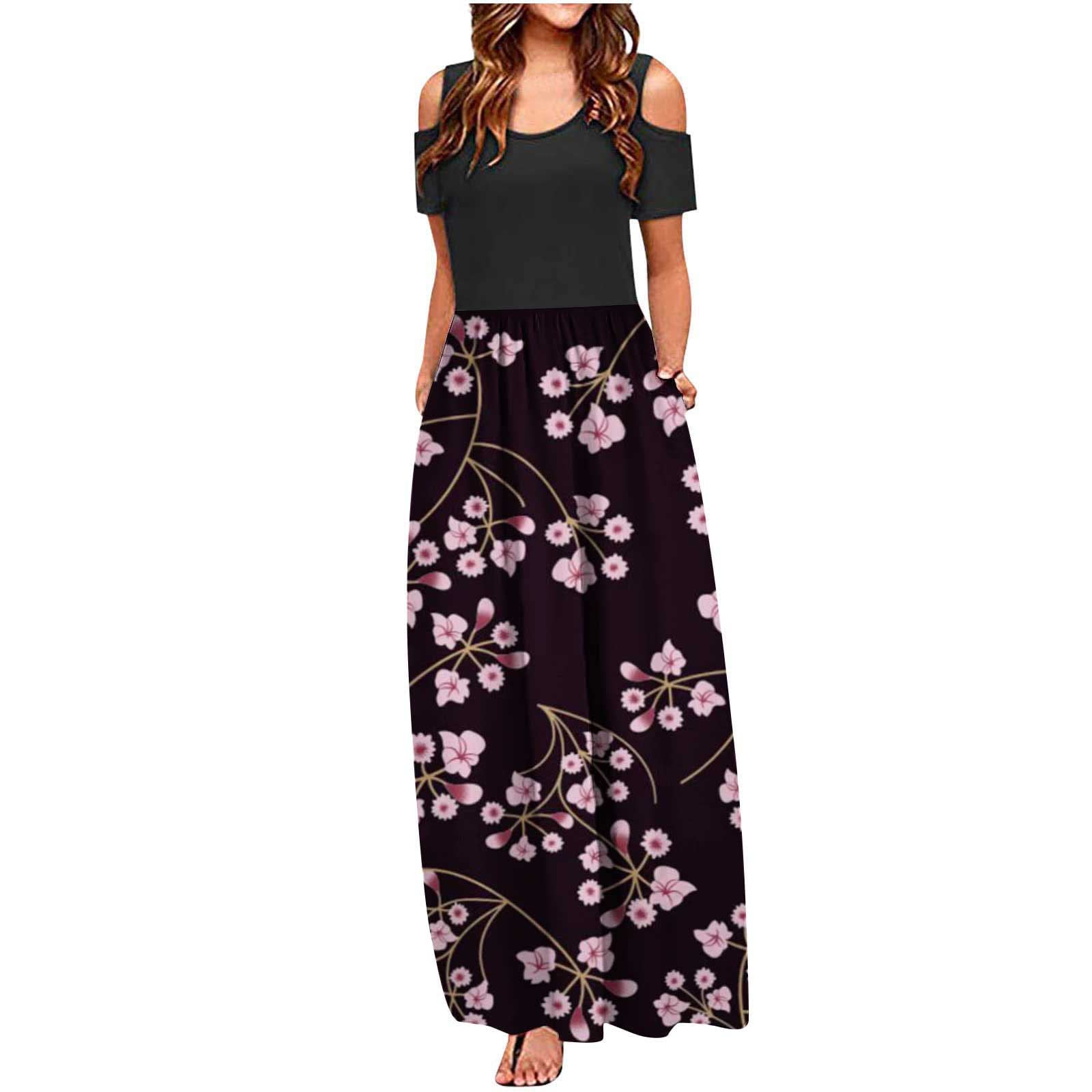 Damen Kleid Lang Damen Elegant Cold Shoulder Drucken Rundhals Boho Schwingen Maxikleid Lässige Kalte Schulter Freizeitkleid mit Hoher Taille Slim Kurzarm A-Linie Lange Strandkleid Sommerkleid